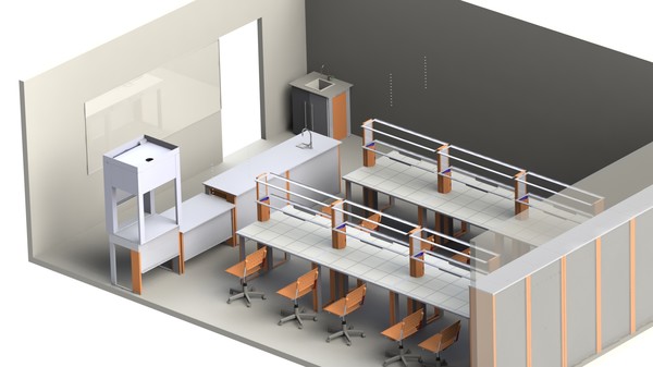 Кабинет химии для практических занятий. Столы лабораторные островные с надстройками.